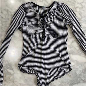 striped tide up body suit